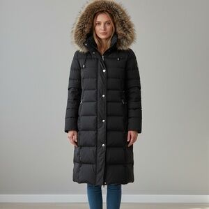London Fog Women Black Long Puffer Coat with Faux Fur Trim Hood Broken Top snap